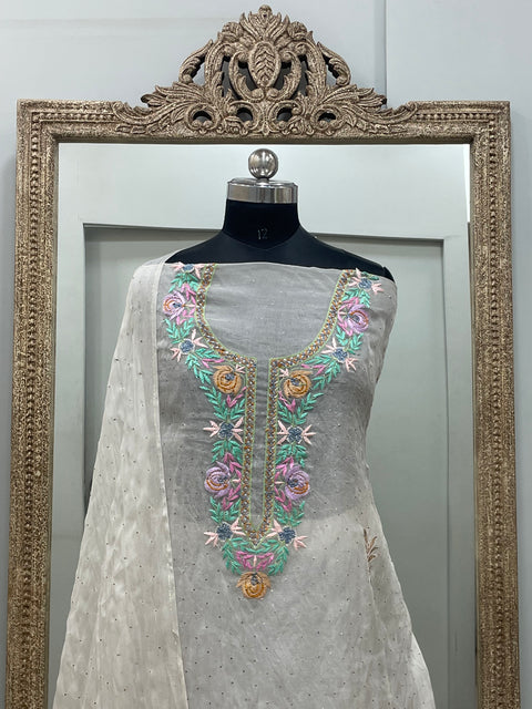 Pure Organza Straight With Heavy Mukaish And Parsi Work Off White 03