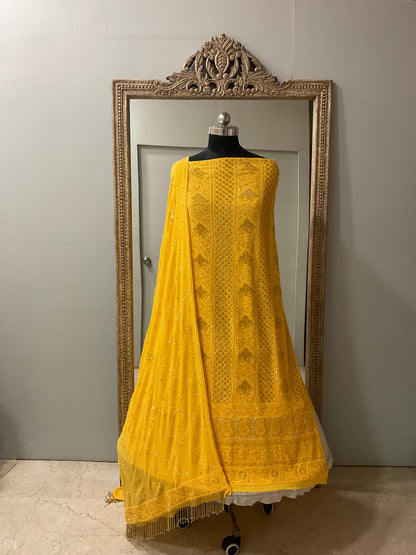 Pure Georgette Heavy Pearl Cutdana and Sequence Designer Yellow
