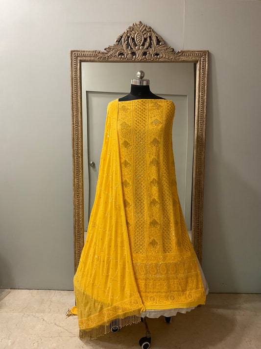 Pure Georgette Heavy Pearl Cutdana and Sequence Designer Yellow