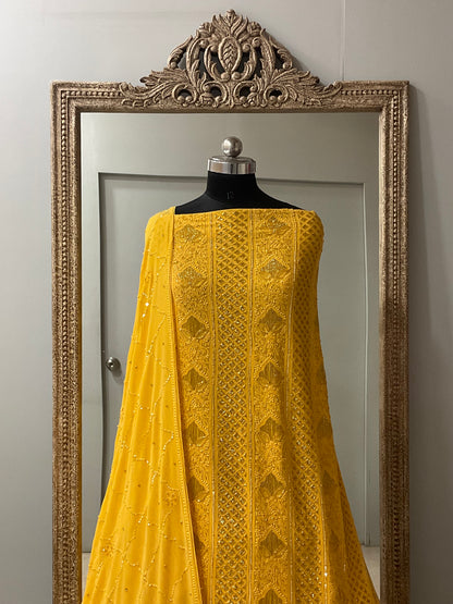 Pure Georgette Heavy Pearl Cutdana and Sequence Designer Yellow