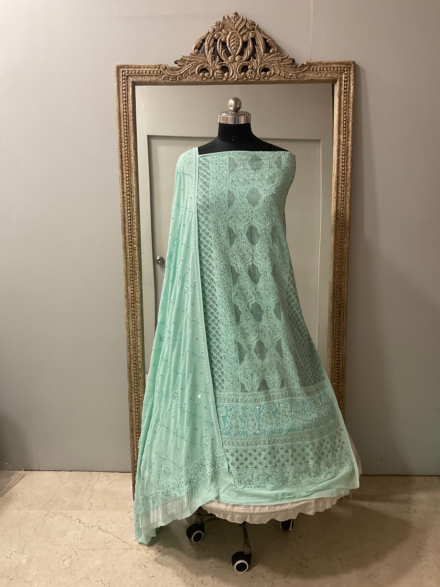 Pure Georgette Heavy Pearl Cutdana and Sequence Designer Green