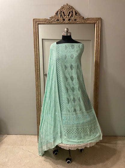 Pure Georgette Heavy Pearl Cutdana and Sequence Designer Green