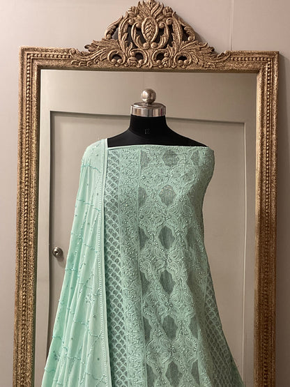 Pure Georgette Heavy Pearl Cutdana and Sequence Designer Green