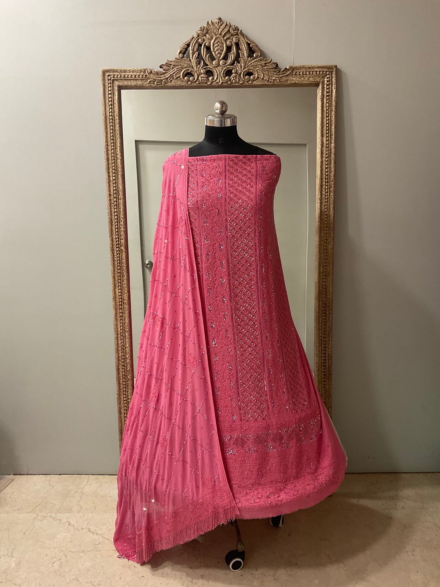 Pure Georgette Heavy Pearl Cutdana and Sequence Designer Pink