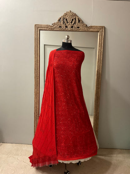 Pure Georgette Heavy Pearl Cutdana and Sequence Designer Red