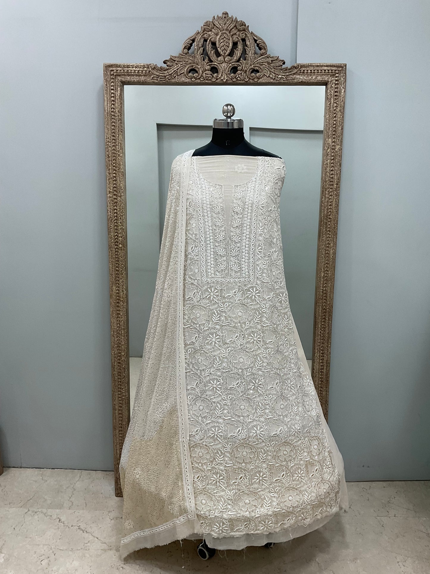 Superfine Pure Georgette Heavy Cutdana Pearl And Sequence Work Designer With  Dupatta Beige