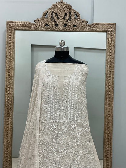 Superfine Pure Georgette Heavy Cutdana Pearl And Sequence Work Designer With  Dupatta Beige