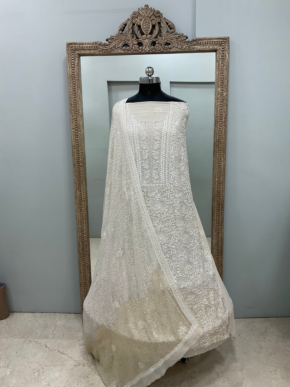 Superfine Pure Georgette Heavy Cutdana Pearl And Sequence Work Designer With  Dupatta Beige