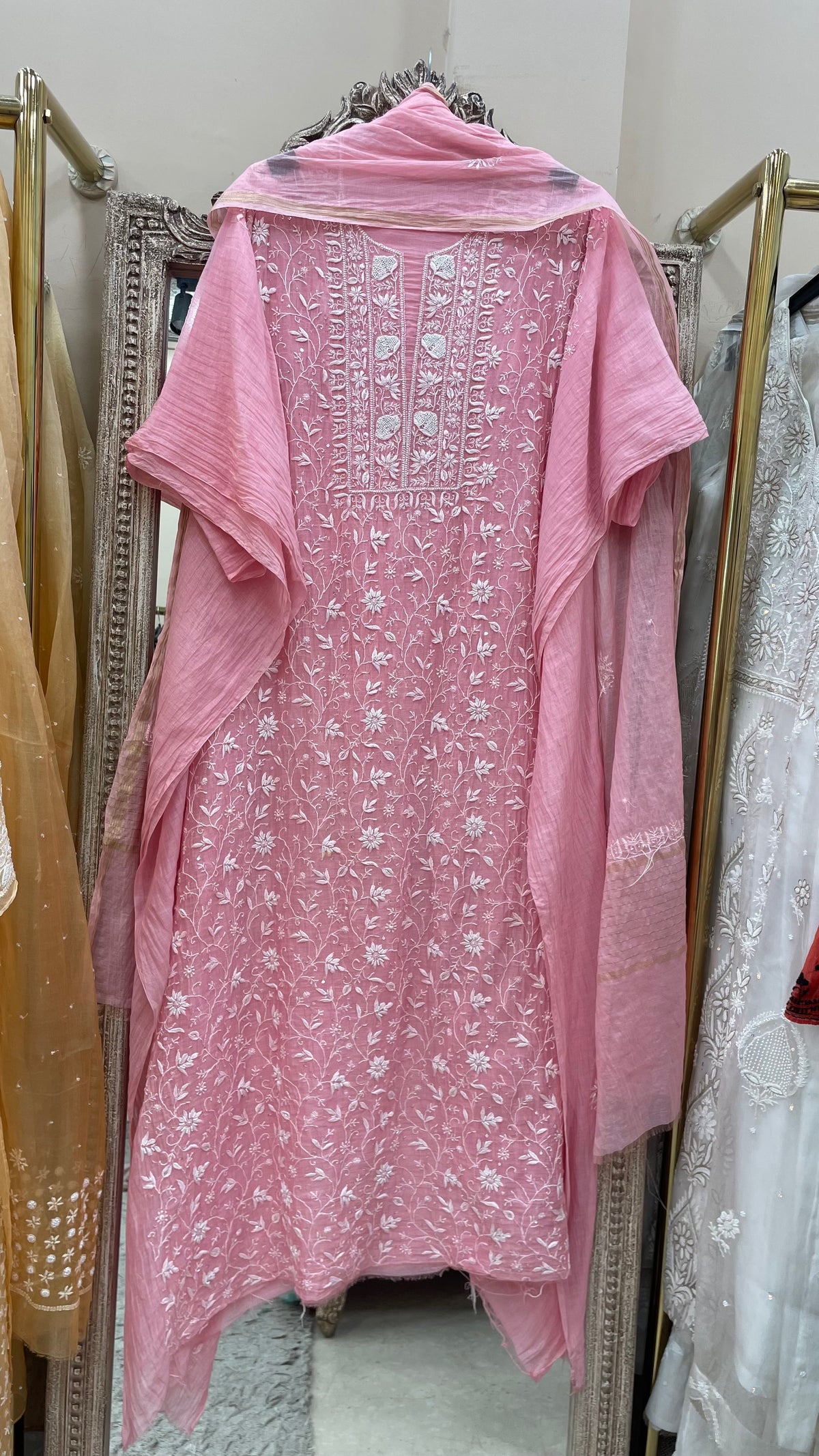 Pure Mulmul Cotton Semistiched Kurta Pearl And Addon Work With Dupatta Pink