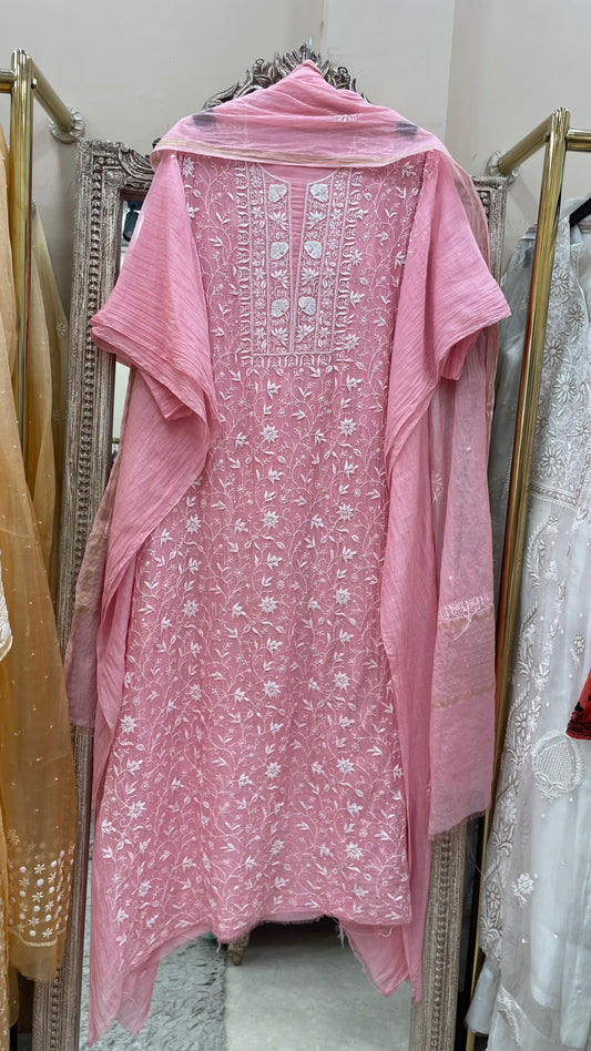 Pure Mulmul Cotton Semistiched Kurta Pearl And Addon Work With Dupatta Pink