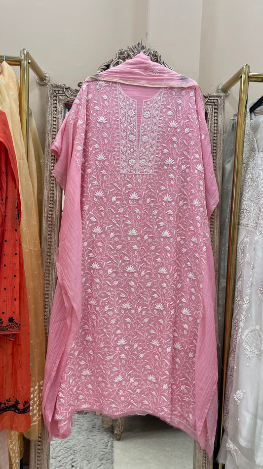 Pure Mulmul Cotton Semistiched Kurta Pearl And Addon Work With Dupatta Pink