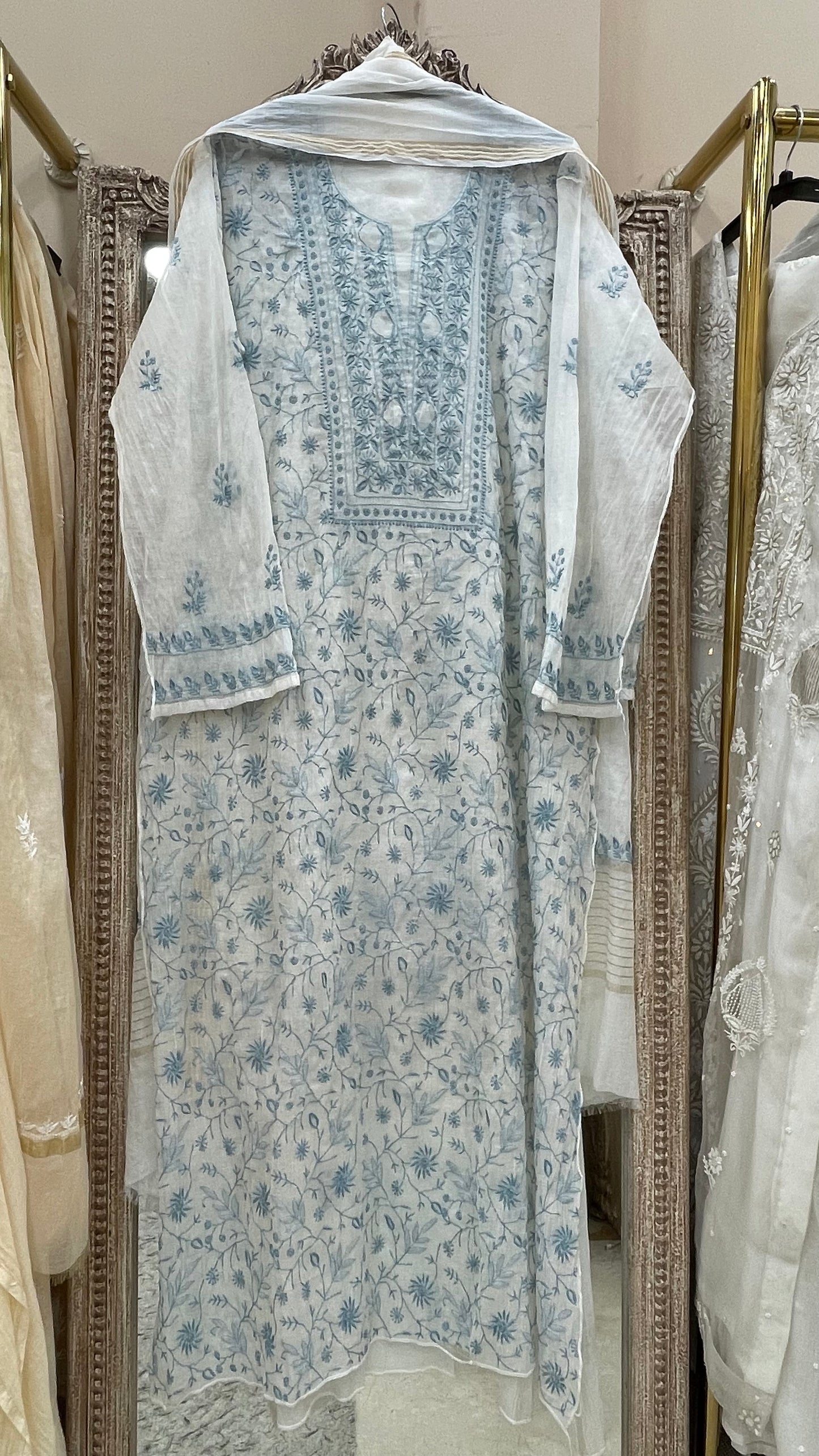 Pure Mulmul Cotton Straight Kurta Chicken Work With Dupatta Offwhite 02