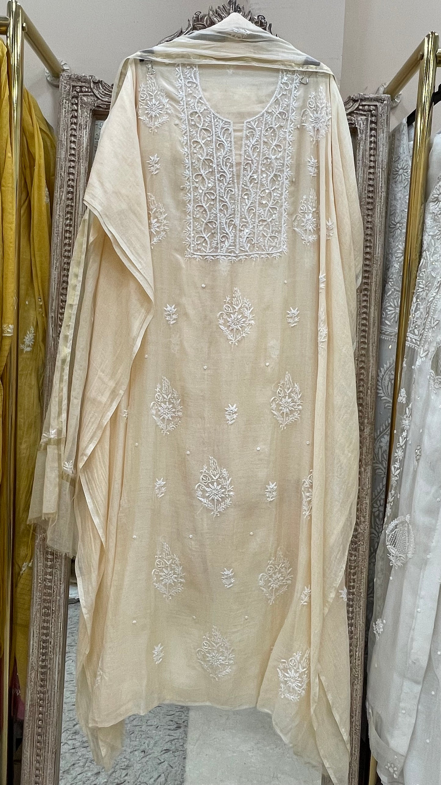 Pure Mulmul Cotton Straight Kurta Pearl And Addon Work With Dupatta Beige