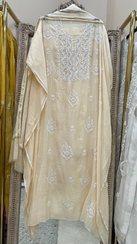 Pure Mulmul Cotton Straight Kurta Pearl And Addon Work With Dupatta Beige