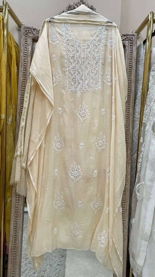 Pure Mulmul Cotton Straight Kurta Pearl And Addon Work With Dupatta Beige
