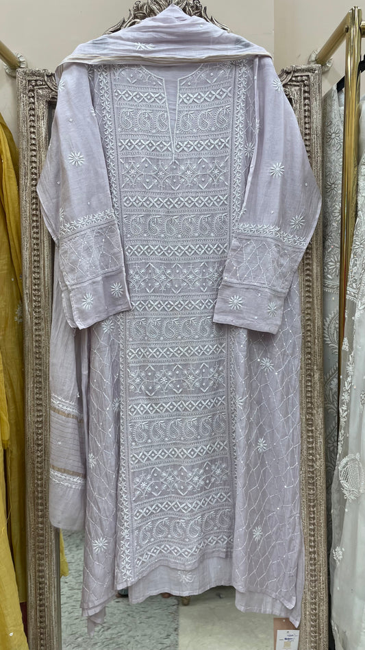 Pure Mulmul Cotton Semistiched Kurta Pearl And Addon Work With Dupatta Lilac