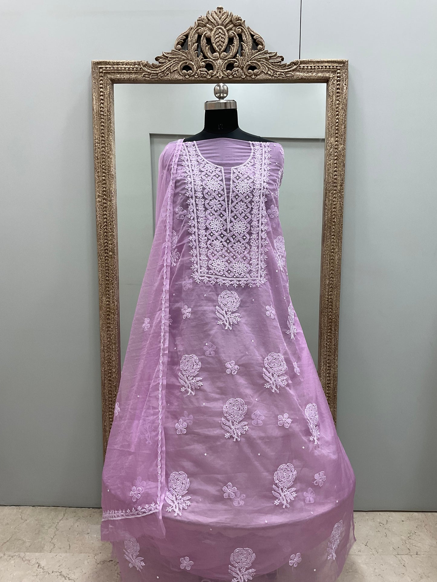 Semi Organza Straight Pearl And Work With Dupatta  Purple
