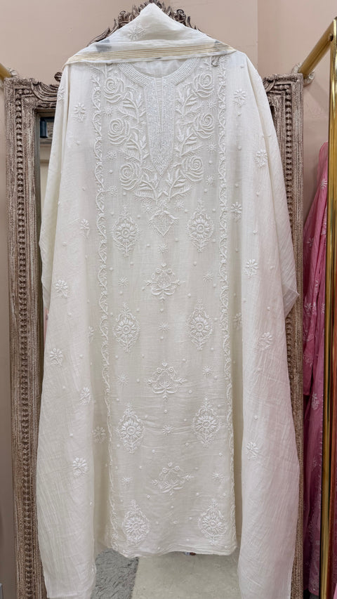 Pure Mulmul Cotton  Kurta Pearl And Addon Work With Dupatta White 05