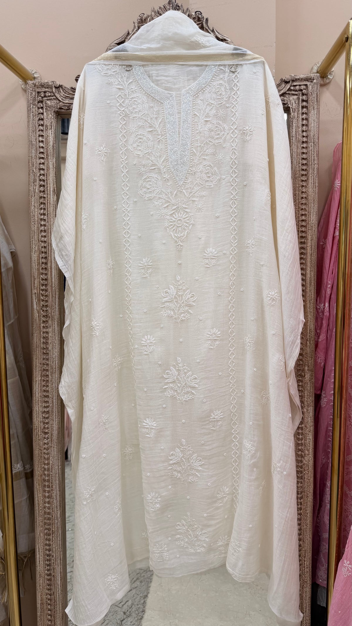 Pure Mulmul Cotton  Kurta Pearl And Addon Work With Dupatta White 07