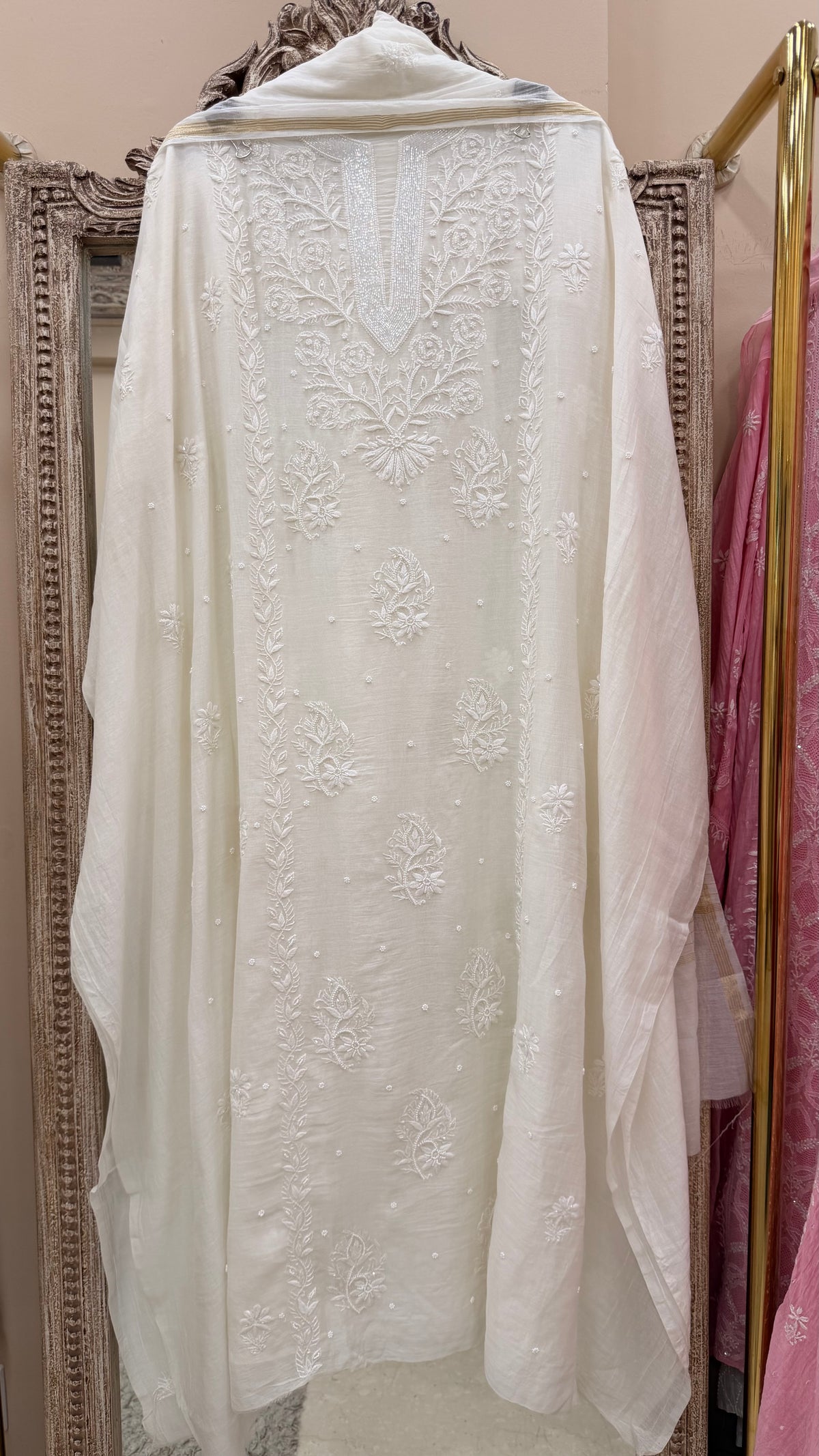 Pure Mulmul Cotton  Kurta Pearl And Addon Work With Dupatta White 08