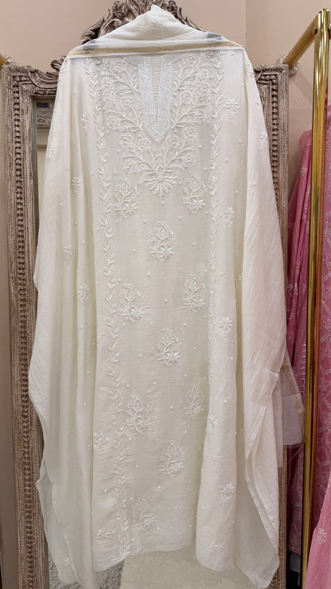 Pure Mulmul Cotton  Kurta Pearl And Addon Work With Dupatta White 08