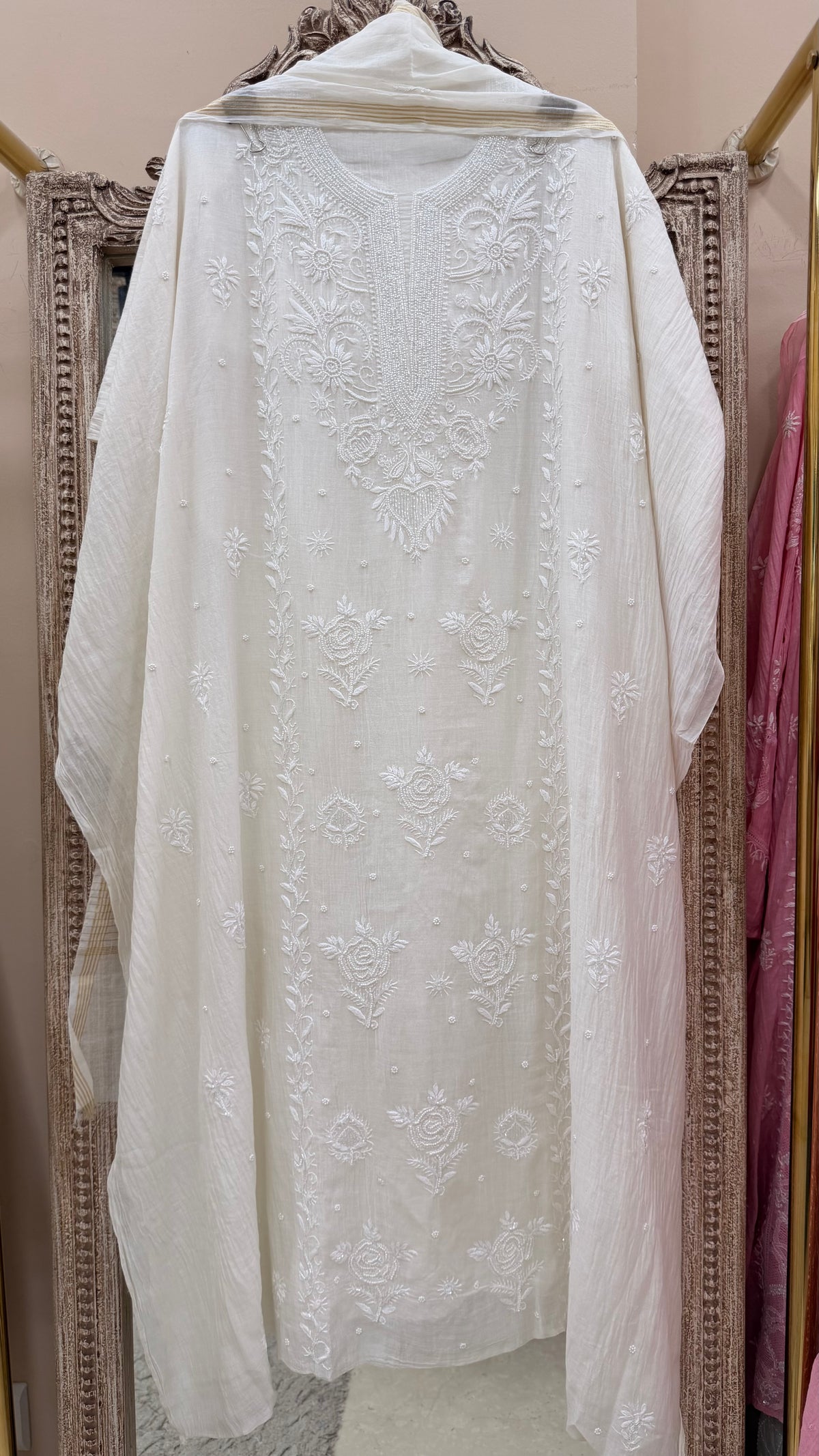 Pure Mulmul Cotton  Kurta Pearl And Addon Work With Dupatta White 09
