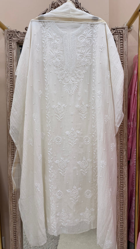 Pure Mulmul Cotton  Kurta Pearl And Addon Work With Dupatta White 09