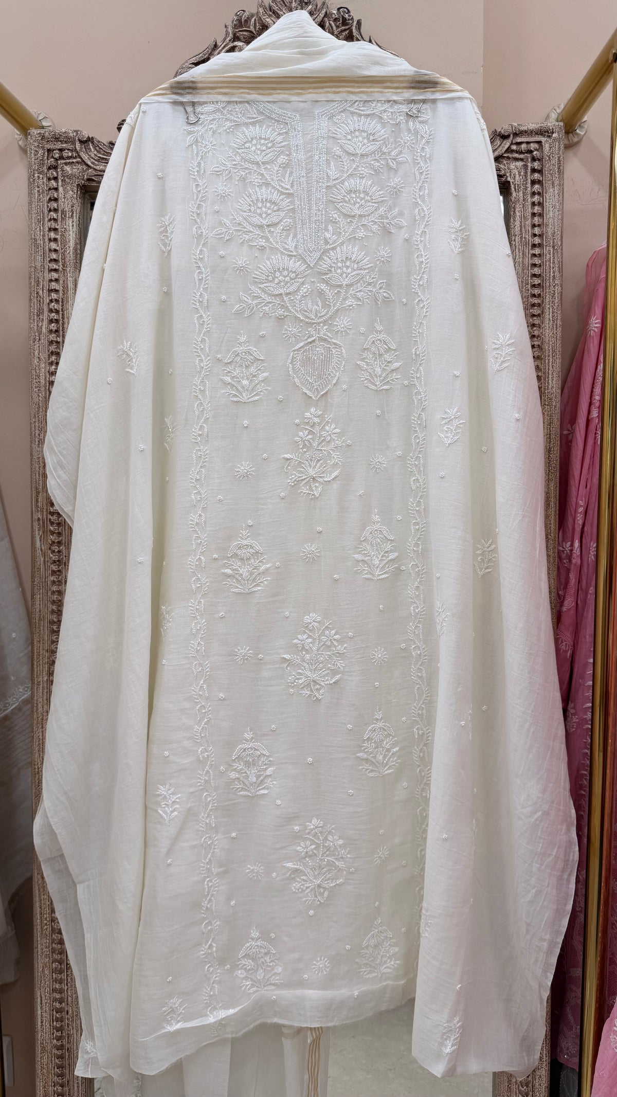 Pure Mulmul Cotton  Kurta Pearl And Addon Work With Dupatta White 10