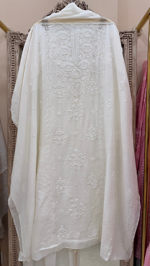 Pure Mulmul Cotton  Kurta Pearl And Addon Work With Dupatta White 10
