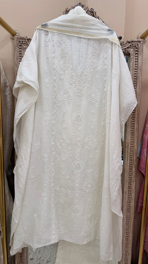 Pure Mulmul Cotton  Kurta Pearl And Addon Work With Dupatta White 11