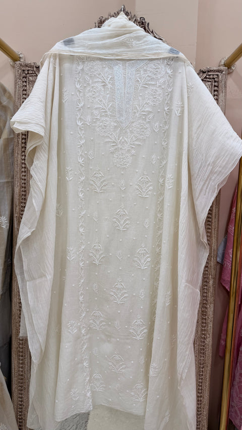 Pure Mulmul Cotton  Kurta Pearl And Addon Work With Dupatta White 13