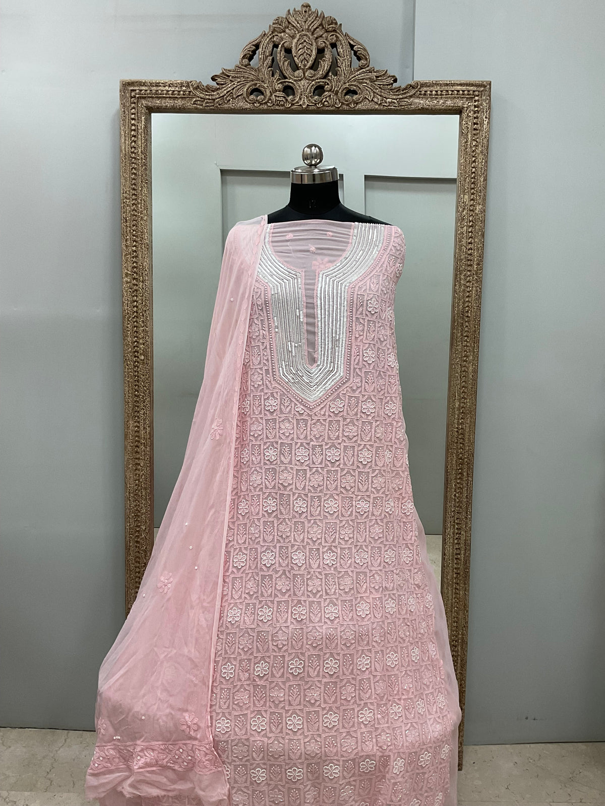 Pearl Gala Straight with Heavy Pearl Work  Pink