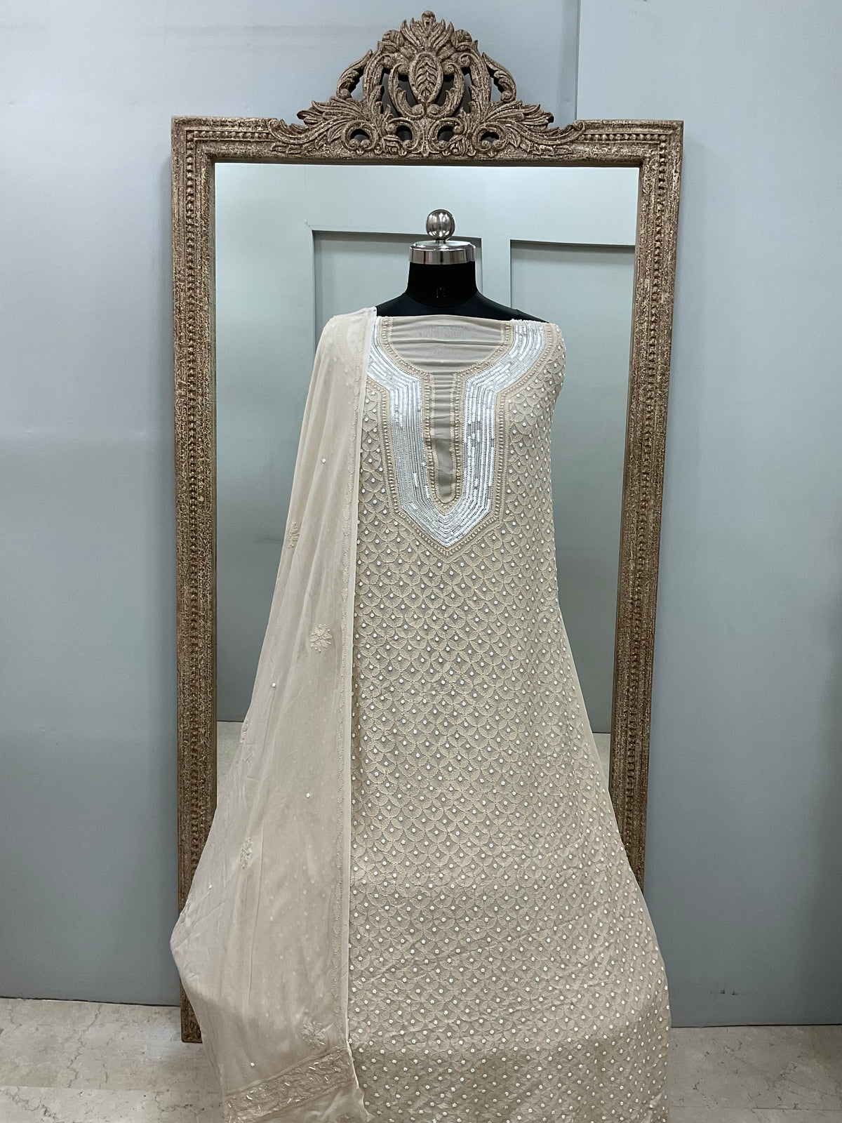 Pearl Gala Straight with Heavy Pearl Work  Beige