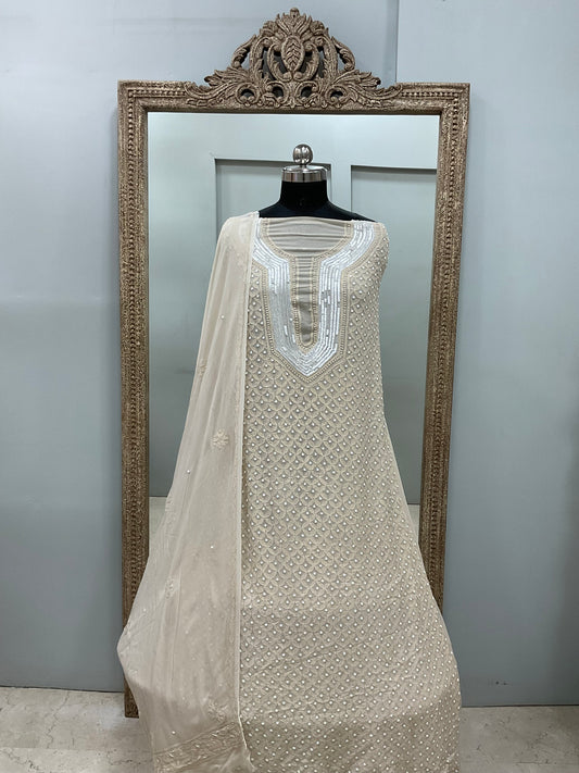 Pearl Gala Straight with Heavy Pearl Work  Beige