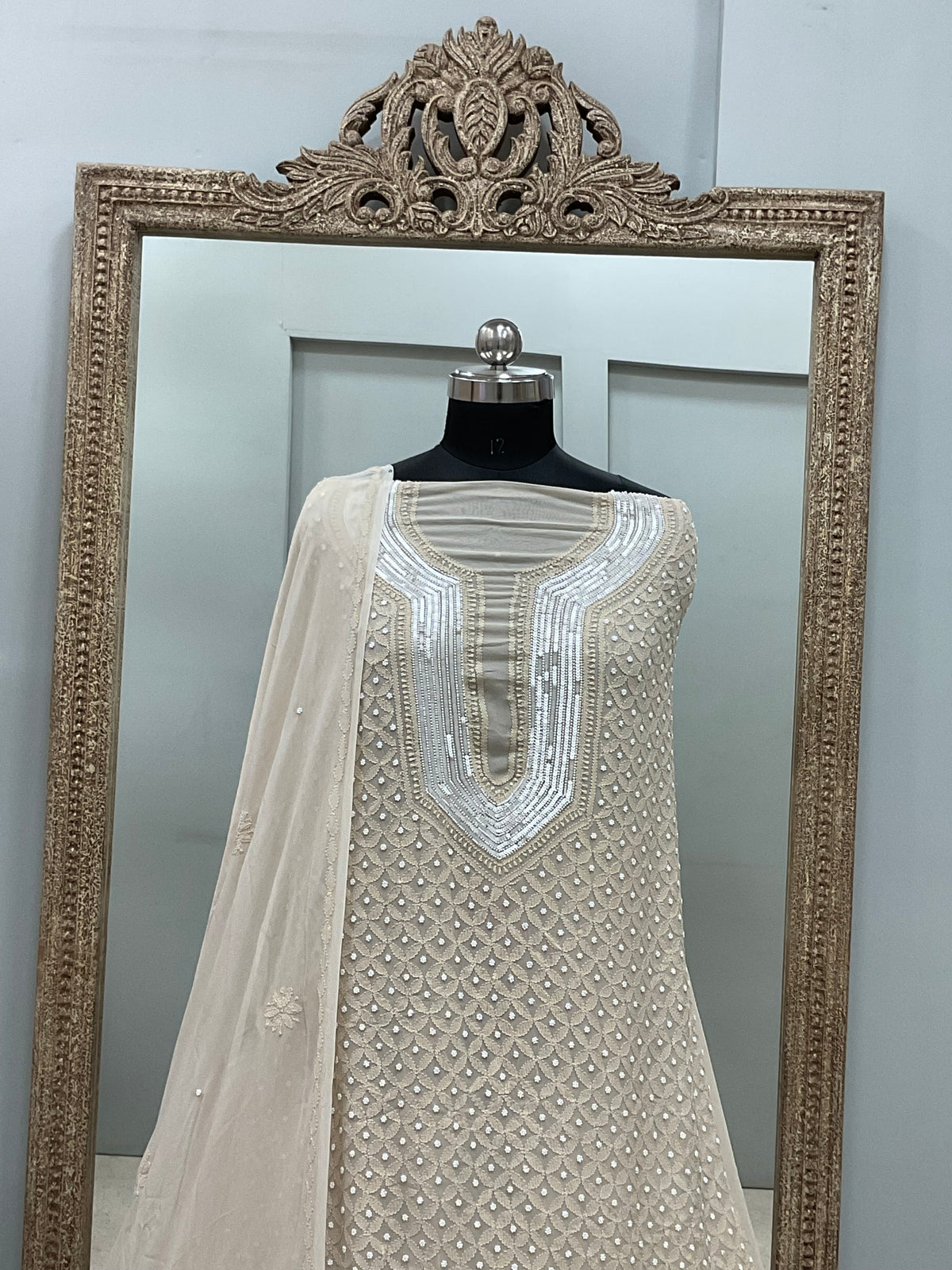 Pearl Gala Straight with Heavy Pearl Work  Beige