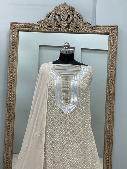 Pearl Gala Straight with Heavy Pearl Work  Beige