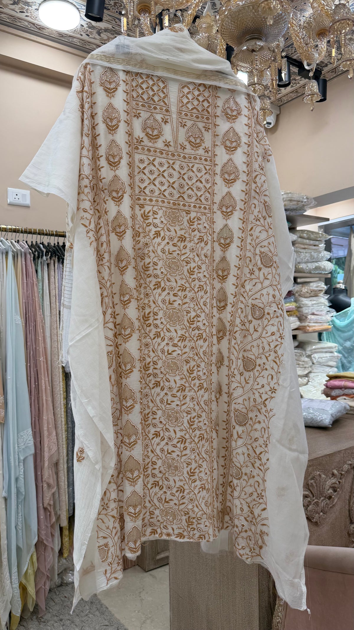 Pure Mulmul Cotton Semistiched Kurta Pearl And Addon Work With Dupatta White