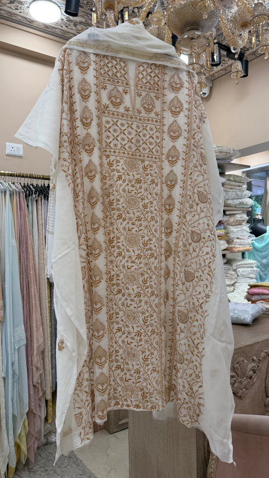 Pure Mulmul Cotton Semistiched Kurta Pearl And Addon Work With Dupatta White