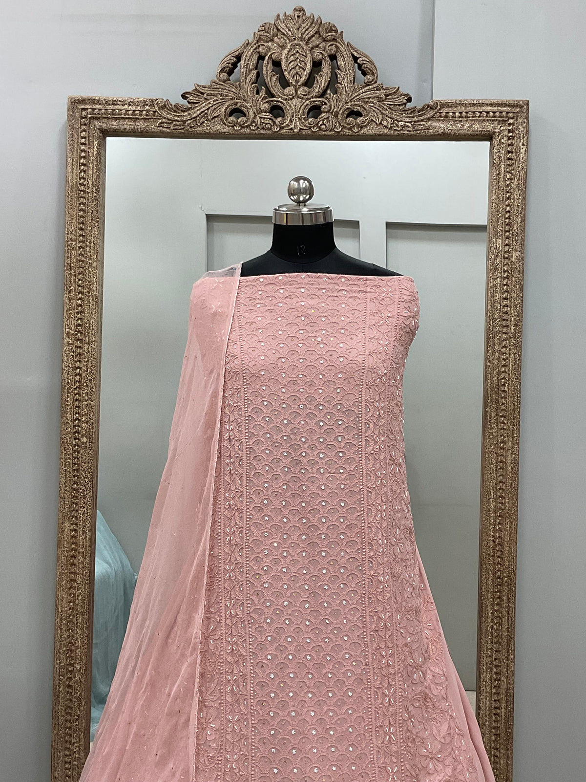 Georgette Straight Heavy Pearl Work With Chiffon Dupatta Onion Pink
