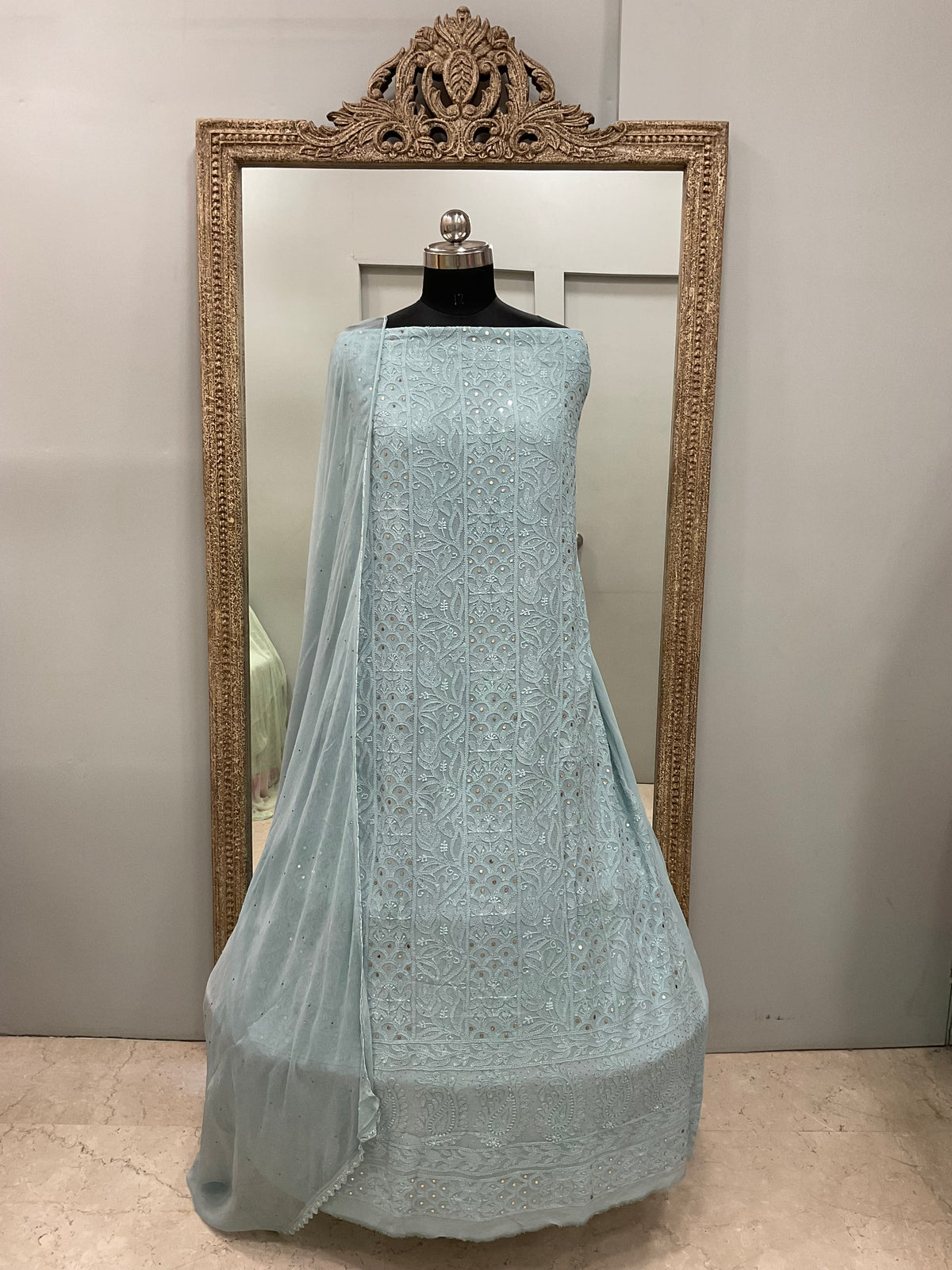 Georgette Straight Heavy Mukaish Work With Chiffon Dupatta Blue