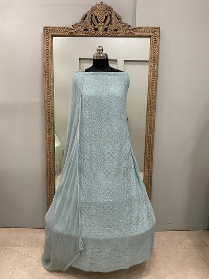 Georgette Straight Heavy Mukaish Work With Chiffon Dupatta Blue