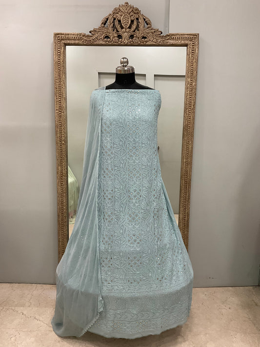 Georgette Straight Heavy Mukaish Work With Chiffon Dupatta Blue
