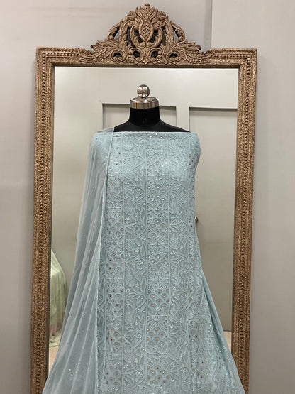 Georgette Straight Heavy Mukaish Work With Chiffon Dupatta Blue