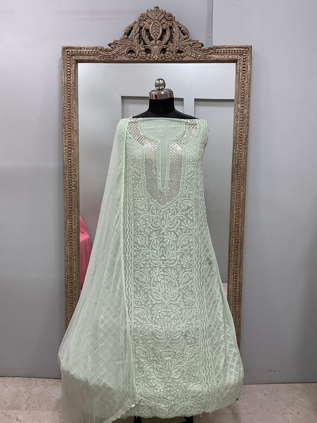 Georgette Straight Heavy Mukaish Work With Chiffon Dupatta Green