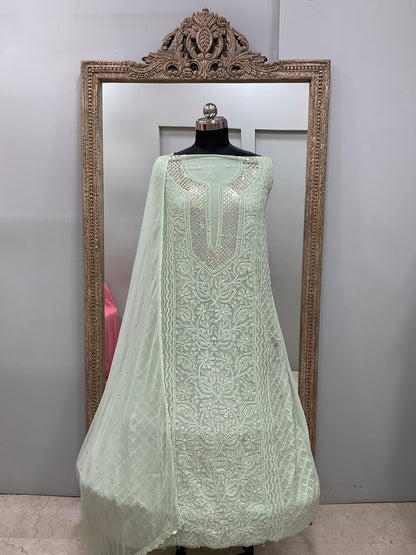 Georgette Straight Heavy Mukaish Work With Chiffon Dupatta Green