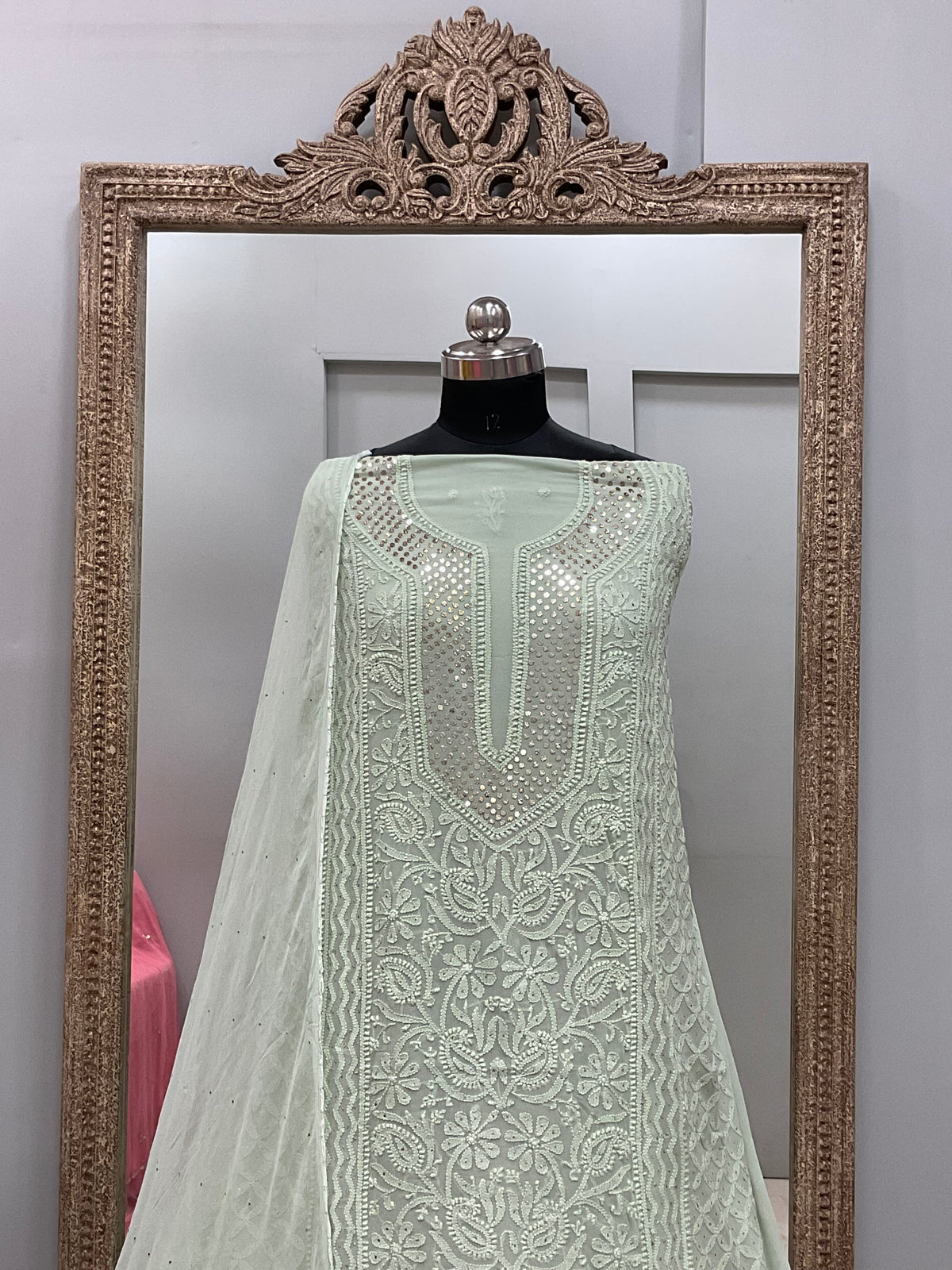 Georgette Straight Heavy Mukaish Work With Chiffon Dupatta Green