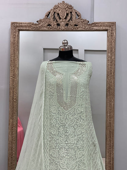 Georgette Straight Heavy Mukaish Work With Chiffon Dupatta Green