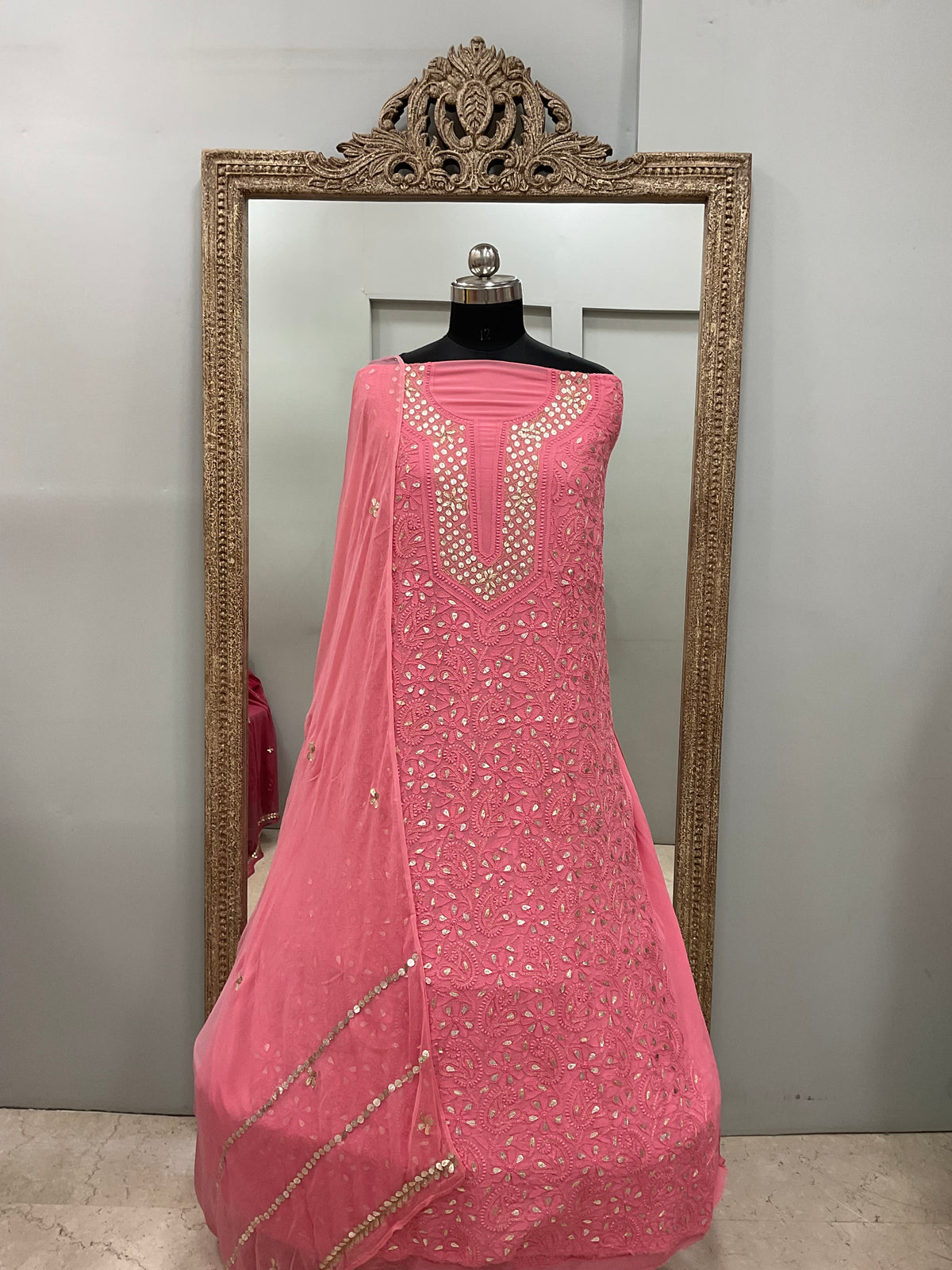 Georgette Straight Heavy Gota Work With Chiffon Dupatta Pink
