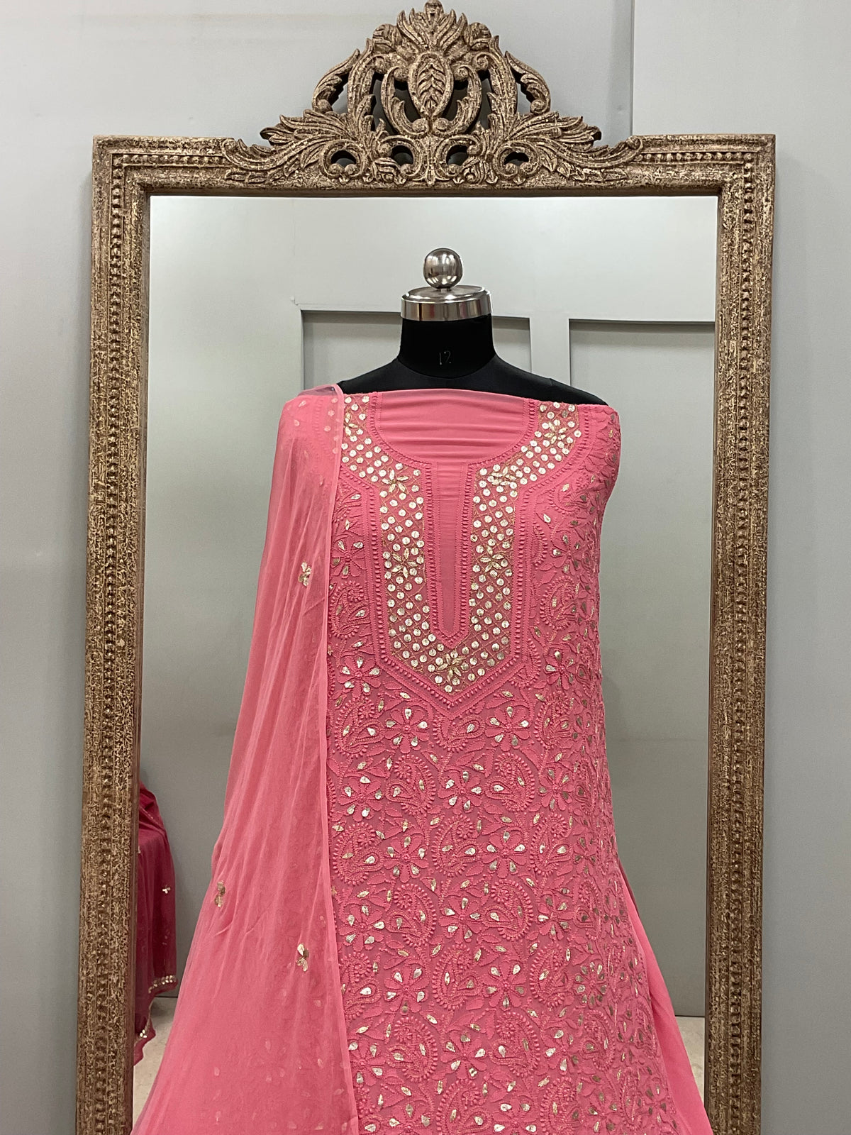 Georgette Straight Heavy Gota Work With Chiffon Dupatta Pink