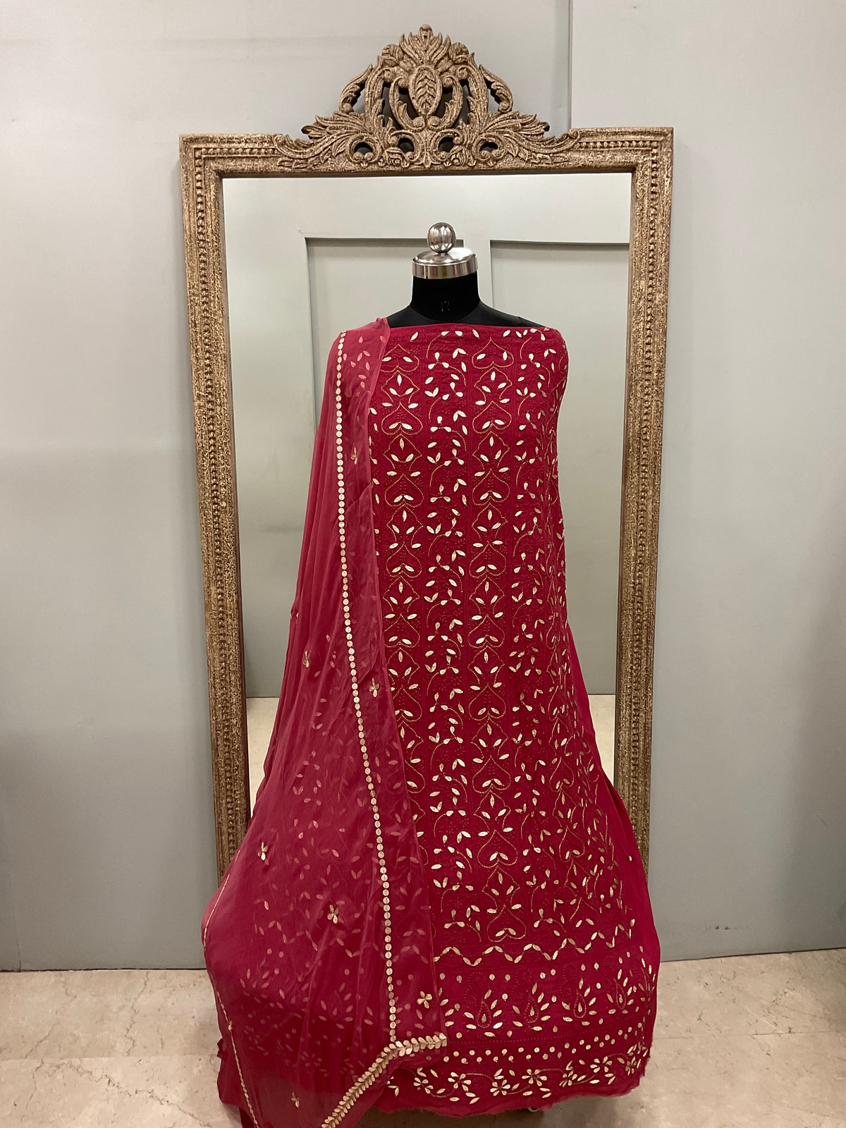 Georgette Straight Heavy Gota Work With Chiffon Dupatta Maroon